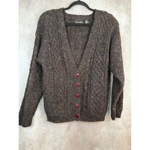 VTG Paul Harris Charcoal Speckled Cable Knit V Neck Button Cardigan Sweater Sz M